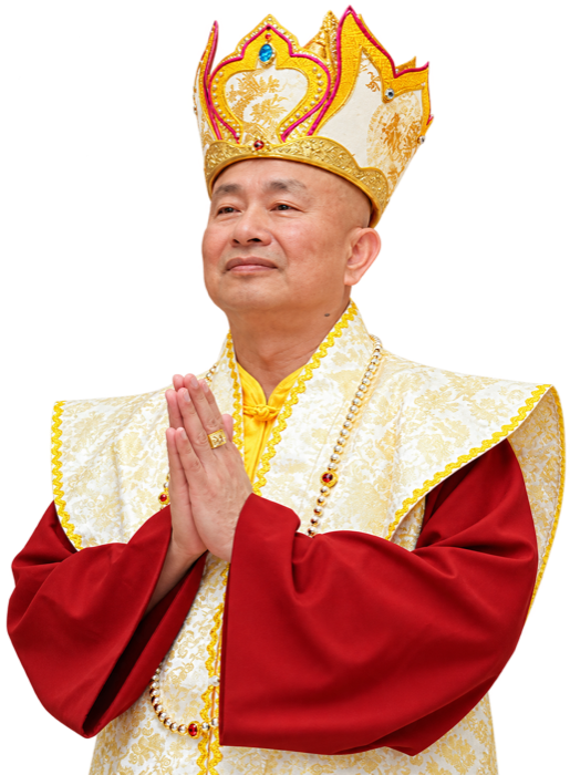 His Holiness Living Buddha Lian Sheng in ceremonial robes and the five-Buddha crown, palms joined in greeting