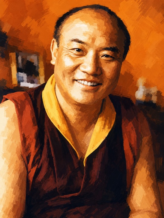 Un retrato pintado del Decimosexto Gyalwa Karmapa, sonriente, con hábitos monásticos granates y cuello dorado